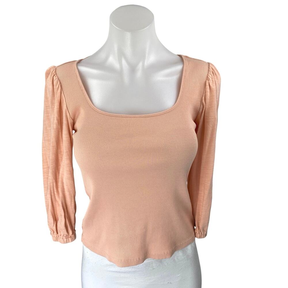 Sanctuary Women's Orange Rib Knit Long Sleeve Square Neck Blouse Top Size XS